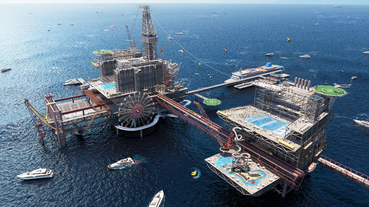 Plošina. Extrémní zábavní park nahradí ropný vrt v Perském zálivu